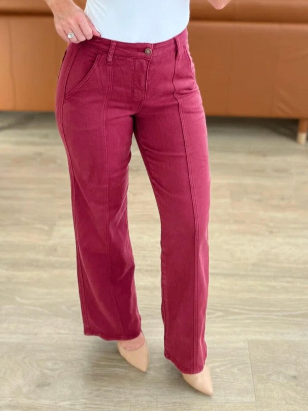 Judy Blue Burgundy Red Wide Straight Leg High Rise Seamed Front Jeans size 16W